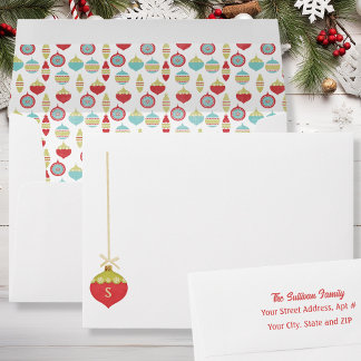 Red Retro Christmas Ornament Monogram Envelope
