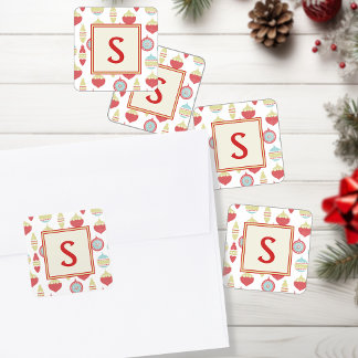 Red Retro Christmas Ornament Monogram Square Sticker