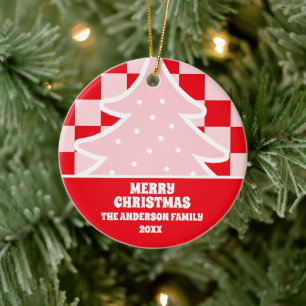 Red Retro Christmas Tree Red Tartan Plaid Ceramic Tree Decoration