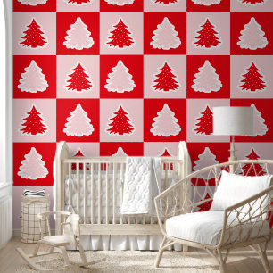 Red Retro Christmas Tree Red Tartan Plaid Wallpaper