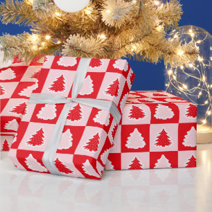 Red Retro Christmas Tree Red Tartan Plaid  Wrapping Paper