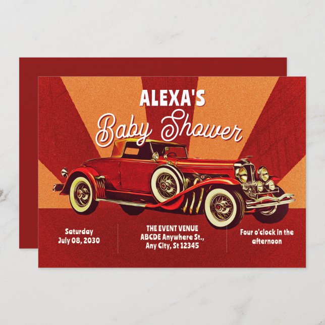 Red retro classic car baby shower invitation (Front/Back)