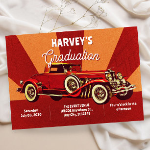 Red retro classic car graduation invitation