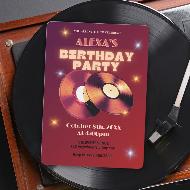 Red retro classic vinyl record music birthday invitation (Creator Uploaded)