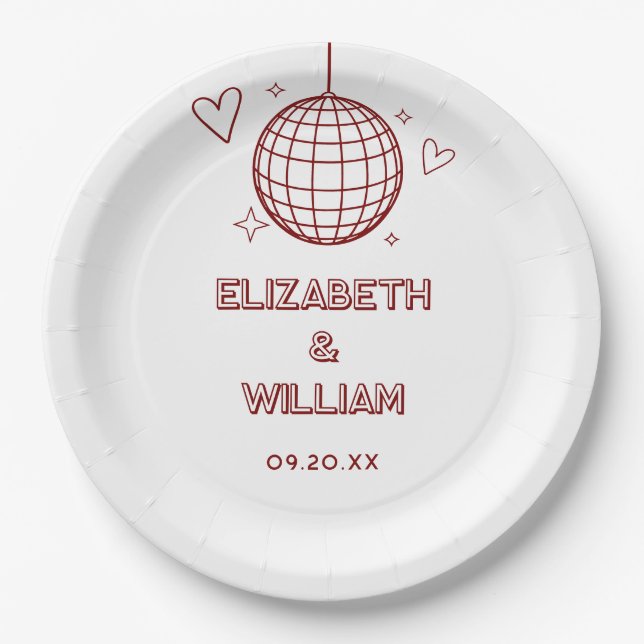 Red Retro Disco Groovy 70s Wedding Paper Plate (Front)