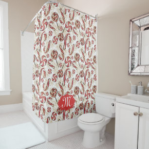 Red Retro Festive Candy Cane Pattern Monogram Show Shower Curtain