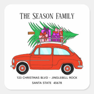 Red Retro Fiat 500 with Christmas Gifts Square Sticker