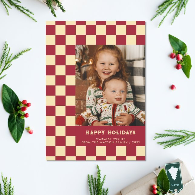 Red Retro Groovy Chequered Happy Holidays Photo Holiday Postcard (Red Retro Groovy Checkered Happy Holidays Photo Holiday Postcard)