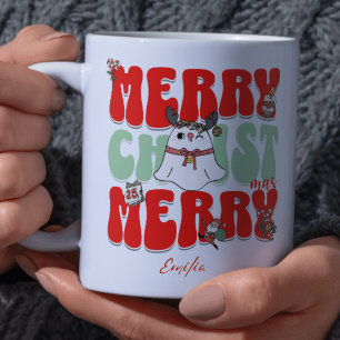 Red Retro Groovy Merry Christmas Kawaii Name Mug