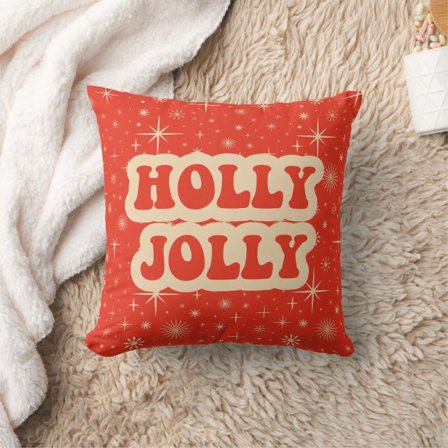Red Retro Groovy Vintage Christmas Holly Jolly Cushion (Blanket)