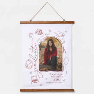Red Retro Hand Drawn Photo Graduation Hanging Tapestry