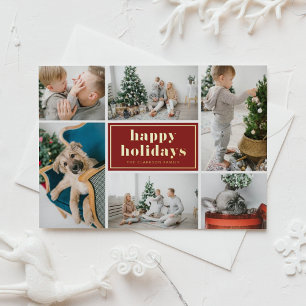 Red Retro Happy Holidays Photo Collage  Foil Holiday Postcard