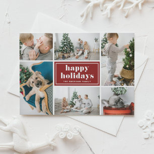 Red Retro Happy Holidays Photo Collage  Holiday Card