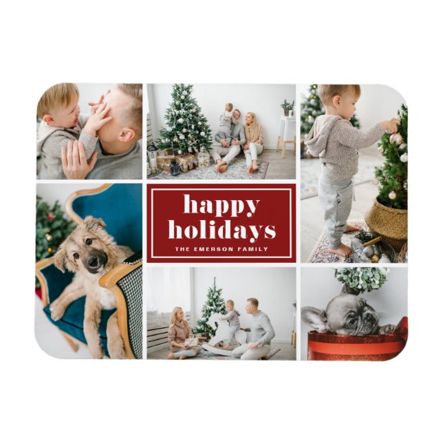 Red Retro Happy Holidays Photo Collage  Magnet (Horizontal)