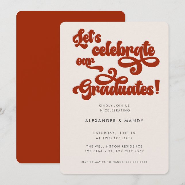 Red Retro Inspired Typography Double Graduation Invitation (Front/Back)