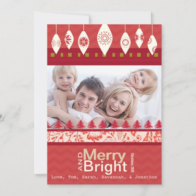 Red Retro Merry and Bright Family Photo Card (Front)