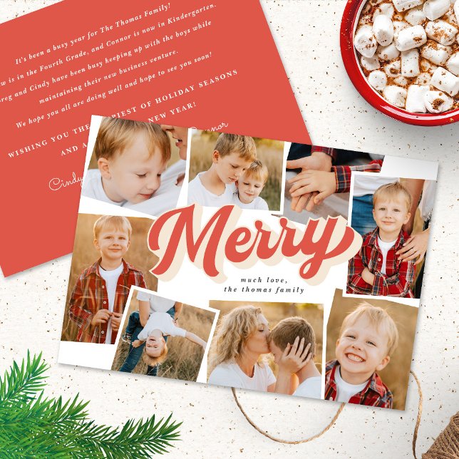 Red Retro Merry Collage Holiday Photo Card (Creator Uploaded)