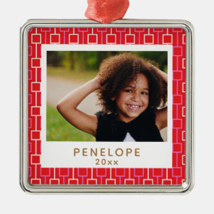 Red Retro Mid Mod Christmas Personalised Photo Metal Tree Decoration