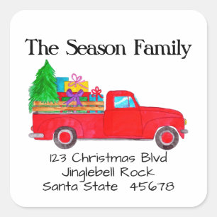 Red Retro Pickup truck with Christmas Gifts Square Sticker