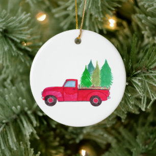 Red retro Pickup Truck with trees Ceramic Tree Decoration