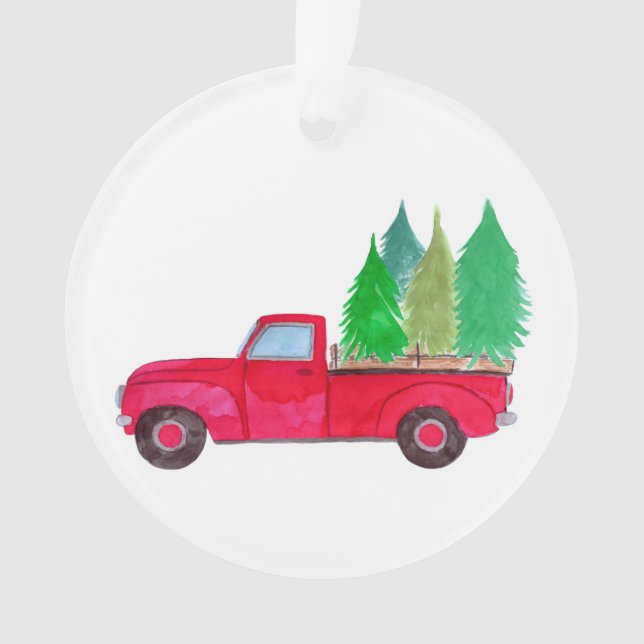 Red retro Pickup Truck with trees Ornament (Front)