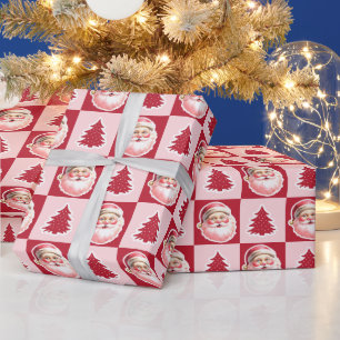 Red Retro Santa Claus Christmas Tree Tartan Plaid Wrapping Paper