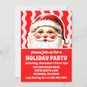 Red Retro Santa Claus Red Ric Rac Christmas Party Invitation