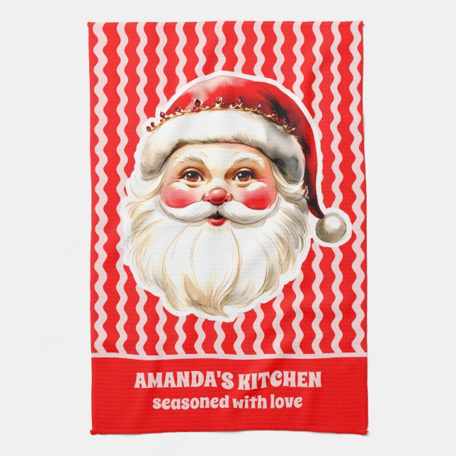 Red Retro Santa Claus Red Ric Rac Christmas Tea Towel (Vertical)