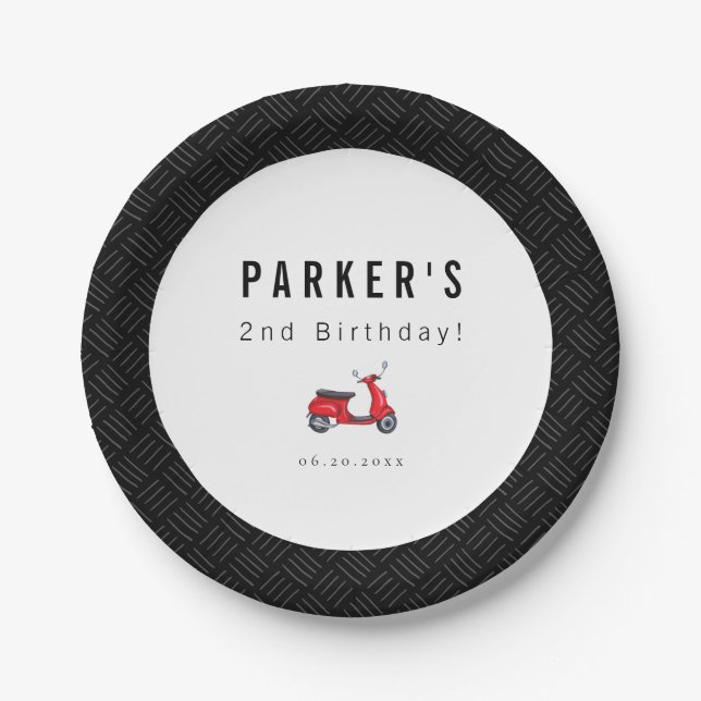 Red Retro Scooter Theme Birthday Party Paper Plate (Front)