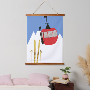 Red Retro Ski Lift Mountain Hanging Tapestry