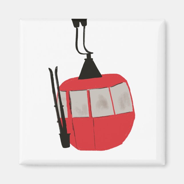 Red Retro Ski Lift Skiing Illustration Magnet (Front)