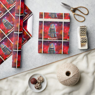 Red retro toy robot sci fi galaxy cool custom name wrapping paper