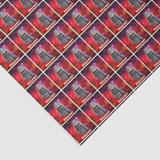 Red retro toy robot sci fi galaxy custom name cool tissue paper (Detail)