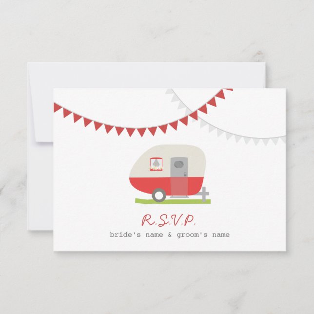 Red Retro Trailer & Bunting Wedding RSVP (Front)