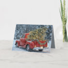 Red Retro Truck With Christmas Tree In Snowflakes