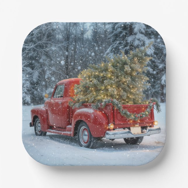 Red Retro Truck With Christmas Tree In Snowflakes Paper Plate (Front)