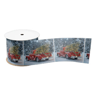 Red Retro Truck With Christmas Tree In Snowflakes Satin Ribbon