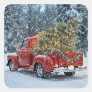 Red Retro Truck With Christmas Tree In Snowflakes Square Sticker