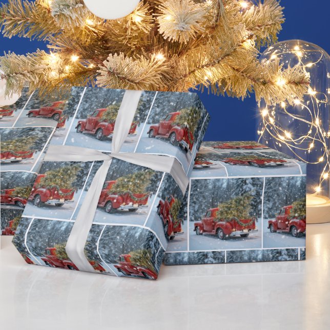 Red Retro Truck With Christmas Tree In Snowflakes Wrapping Paper (Holidays)