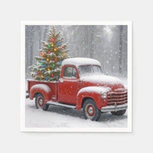 Red Retro Truck With Christmas Tree Napkin