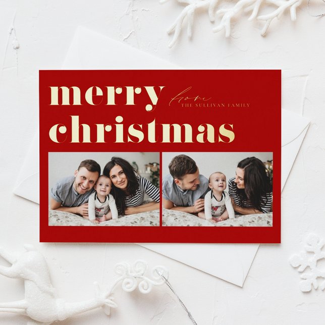 Red Retro Typography Merry Christmas Two Photo Foil Holiday Postcard (Creator Uploaded)