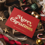 Red Retro Vintage Font Merry Christmas<br><div class="desc">Merry Christmas card: a classic retro design,  with a vintage inspired typography in gold foil and a classic red background.</div>
