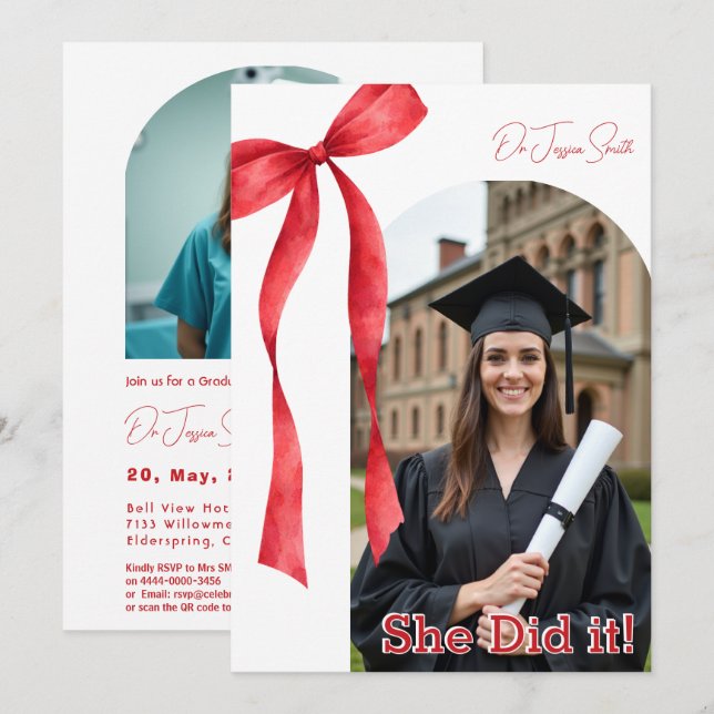 Red Ribbon Accent Graduation Invitation (Front/Back)
