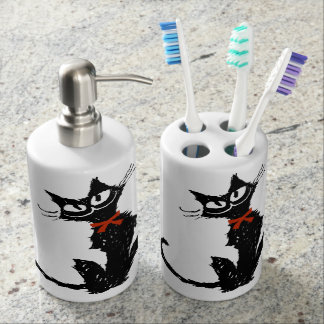 Red ribbon and Black cat Soap Dispenser And Toothbrush Holder