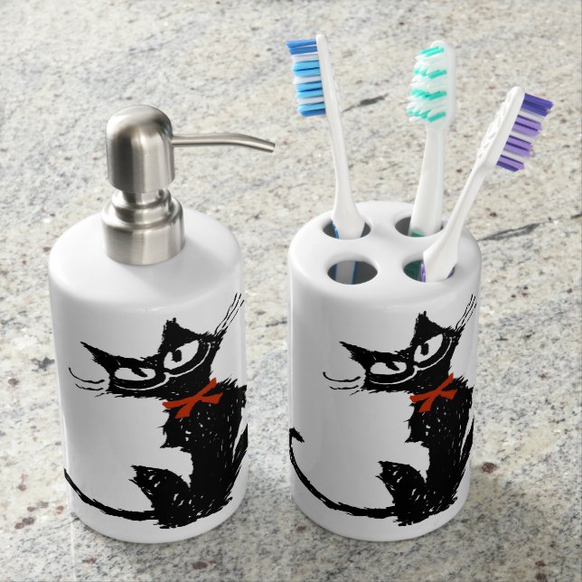 Red ribbon and Black cat Soap Dispenser And Toothbrush Holder (Front)