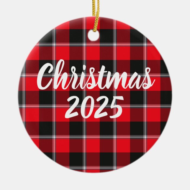 Red Ribbon and Heavy Metal Plaid Ceramic Tree Decoration (Front)