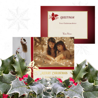 Red Ribbon and Holly Beige Christmas Letter