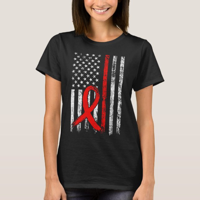 Red Ribbon Awareness Distressed US Flag Red Ribbon T-Shirt (Front)