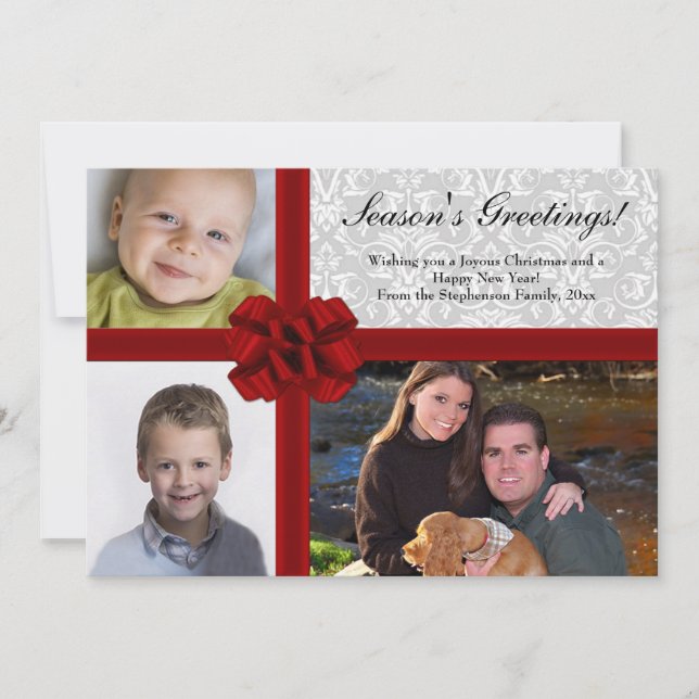 Red Ribbon Bow, 3-Photo Holiday Greeting Card (Front)