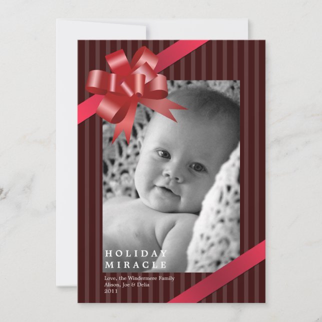 Red ribbon bow frame holiday miracle baby first card (Front)
